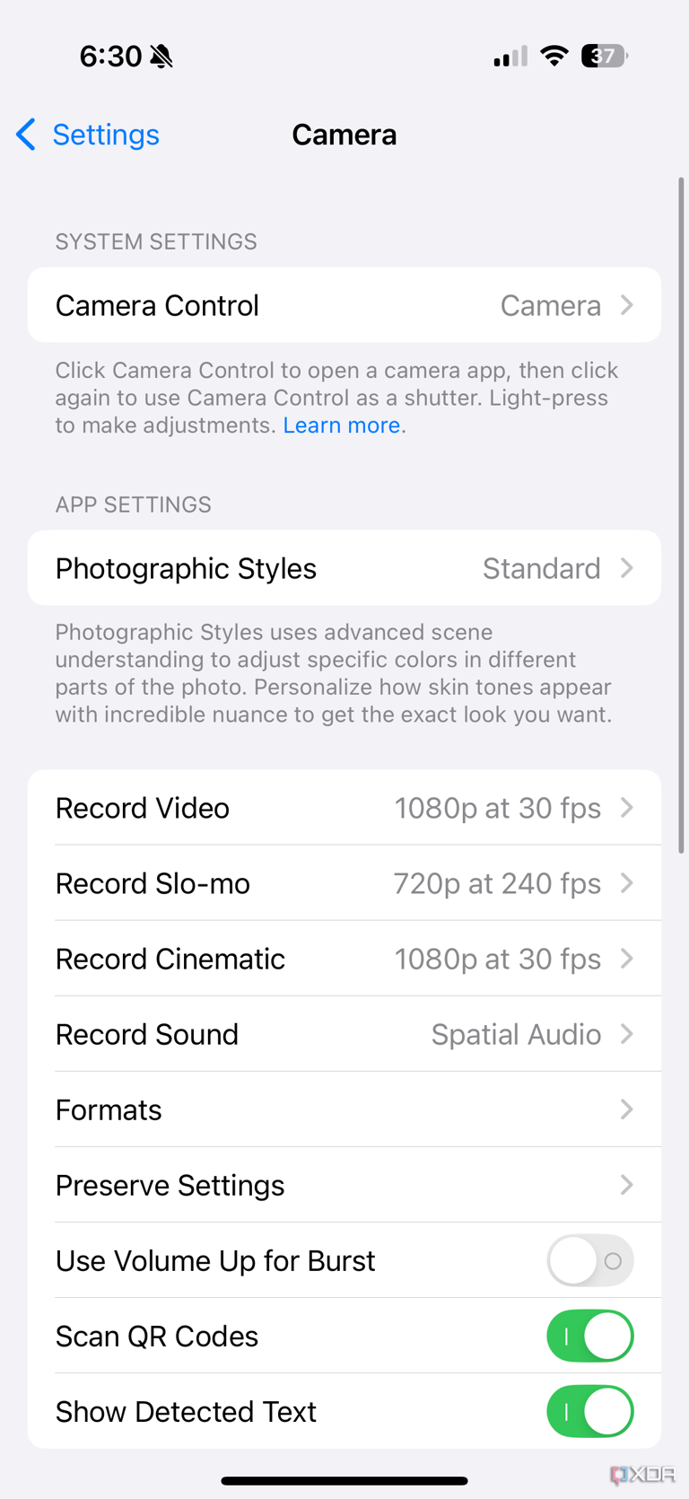 The Camera Control tab in the iPhone 16 settings menu.