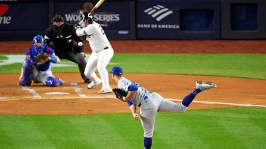 Oct 30, 2024; New York, New York, USA; Los Angeles Dodgers pitcher Jack Flaherty (0) pitches during the first inning against the Los Angeles Dodgers in game four of the 2024 MLB World Series at Yankee Stadium. Mandatory Credit: Robert Deutsch-Imagn Images | Robert Deutsch-Imagn Images