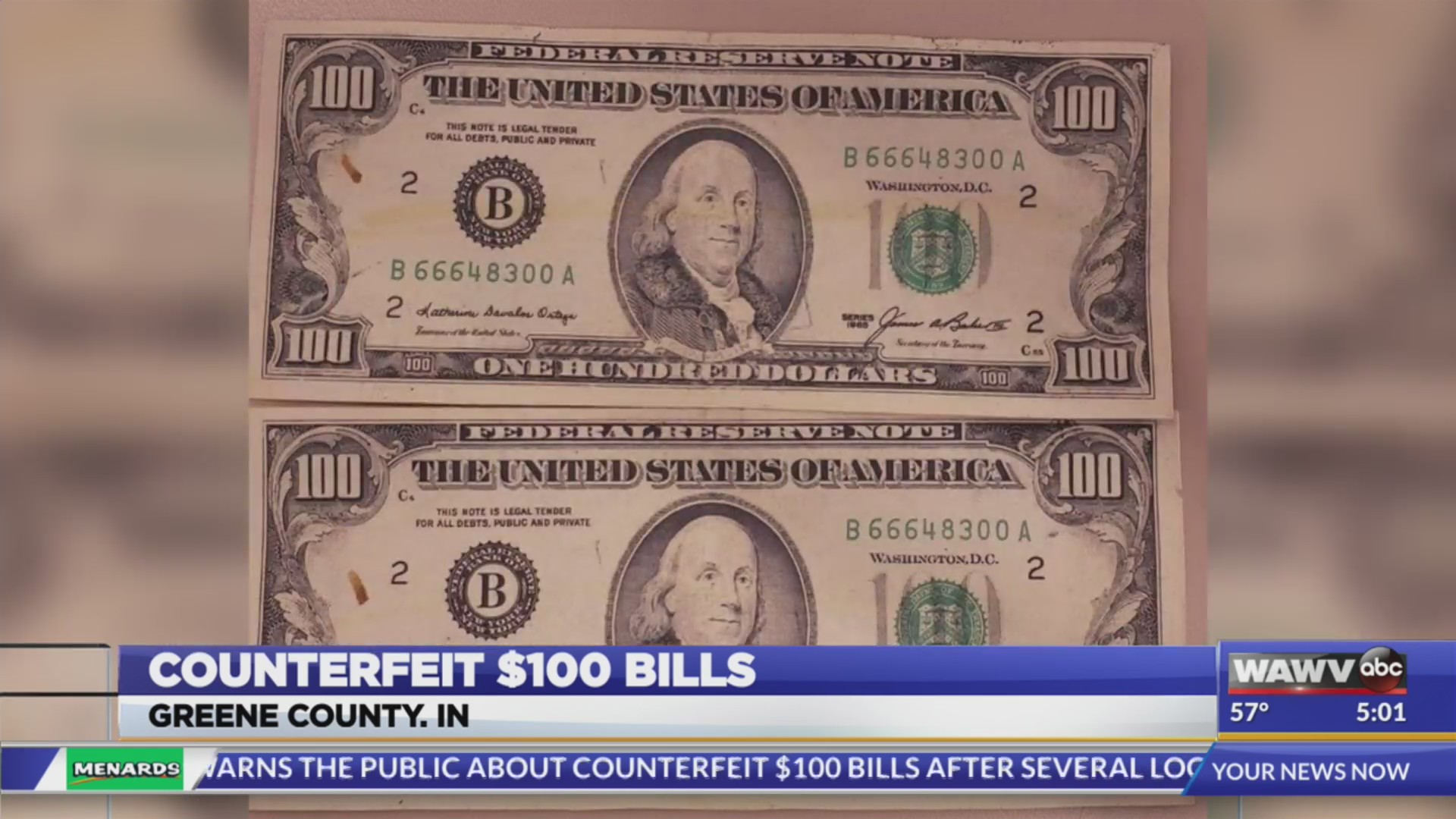 Counterfeit $100 Bills Found In Greene County