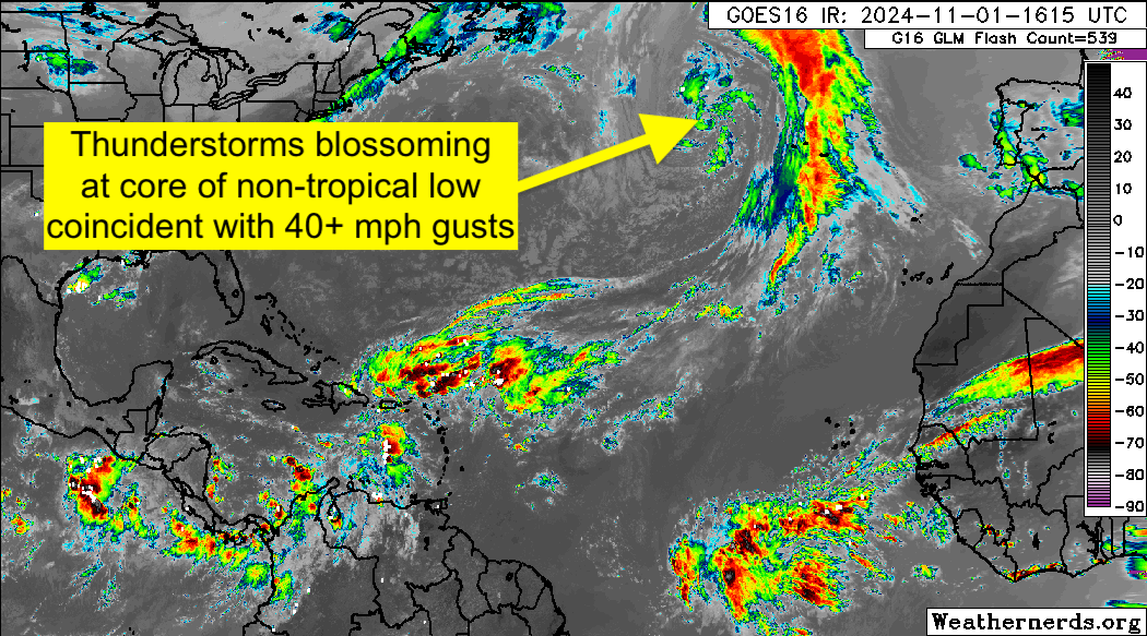 A look at satellite imagery from Friday evening, which depicted the evolution of a subtropical storm within the broader envelope of a nontropical low.
