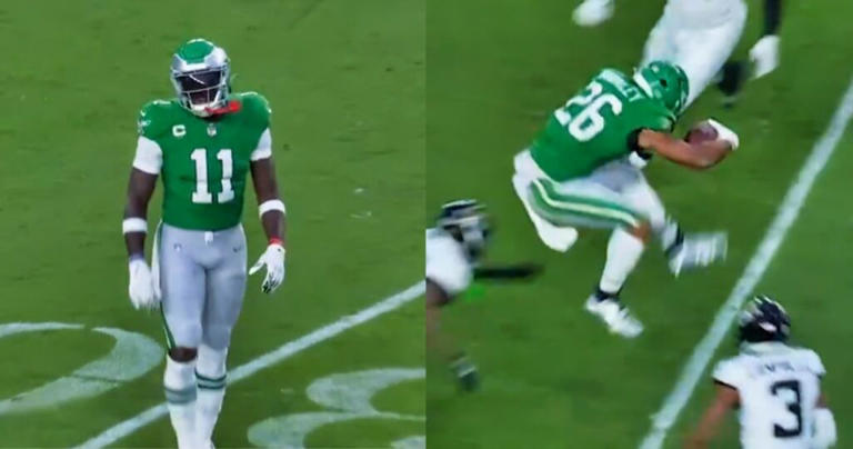 VIDEO: Cameras Caught AJ Brown's Epic Reaction To Saquon Barkley's Out-Of-This-World Backwards Hurdle Over A Jaguars Defender