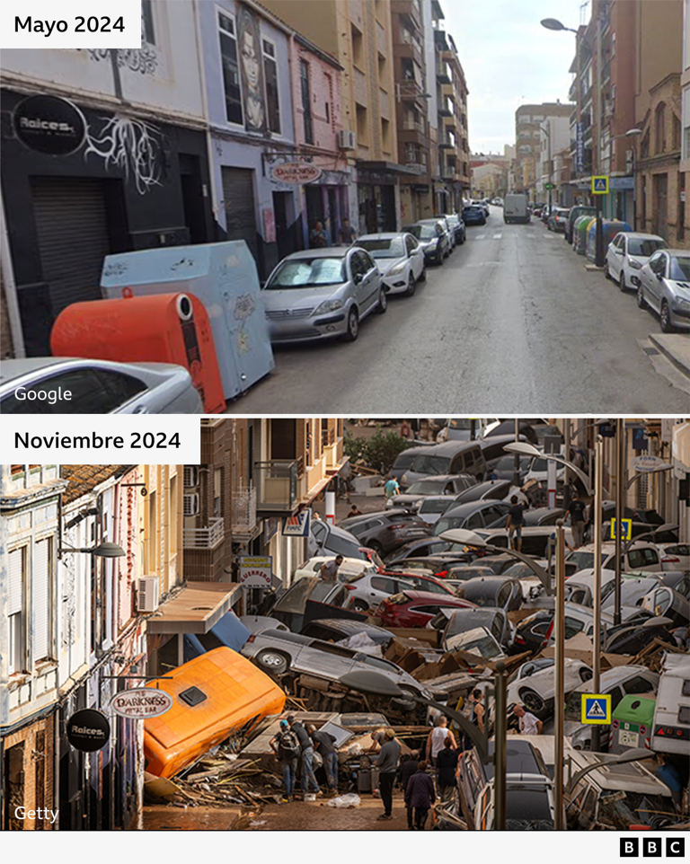 Una imagen comparativa muestra una calle de Valencia en mayo de 2024 y la misma calle en noviembre de 2024 cubierta de autos dañados.