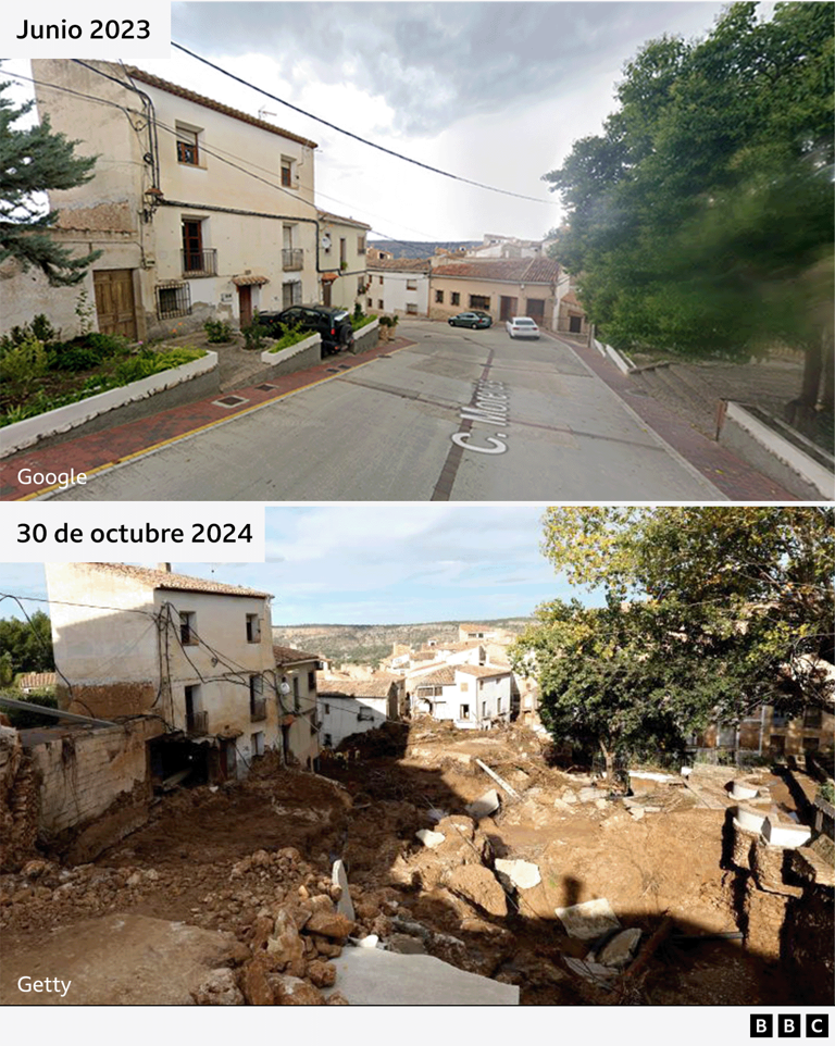 Algunas calles y zonas residenciales quedaron destrozadas por las riadas, como esta de Letur, al suroeste de Valencia. La calle está totalmente cubierta de barro, rocas y escombros.