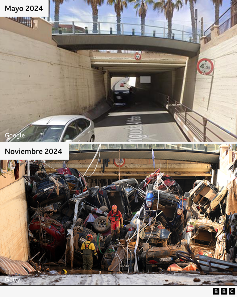 Este túnel, que une los municipios valencianos de Benetúser y Alfafar, quedó bloqueado por la gran cantidad de coches arrastrados por el agua.