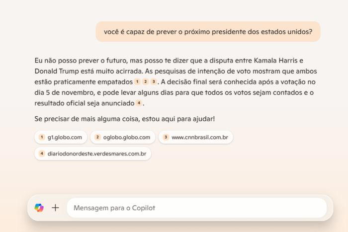 O Copilot diz que não pode prever o resultado das eleições americanas. (Image...