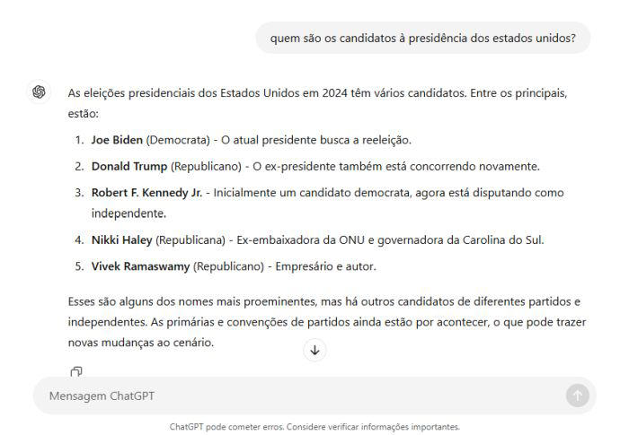 A IA da OpenAI derrapou na hora de citar os candidatos. (Imagem: ChatGPT/Repr...