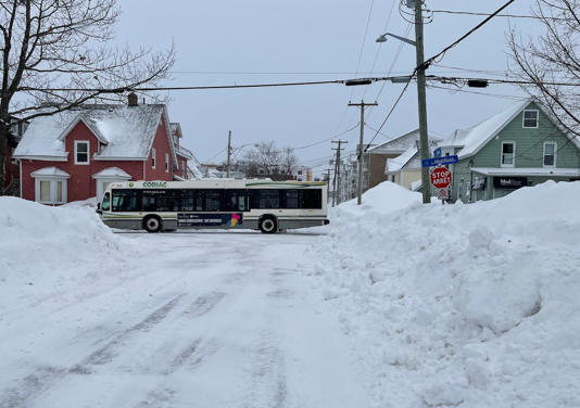 A Codiac Transpo bus drives down Highfield Street in Moncton. Morehouse says the issue of clearing sidewalks will be an important topic when council considers the municipal budget this fall. (Shane Magee/CBC)