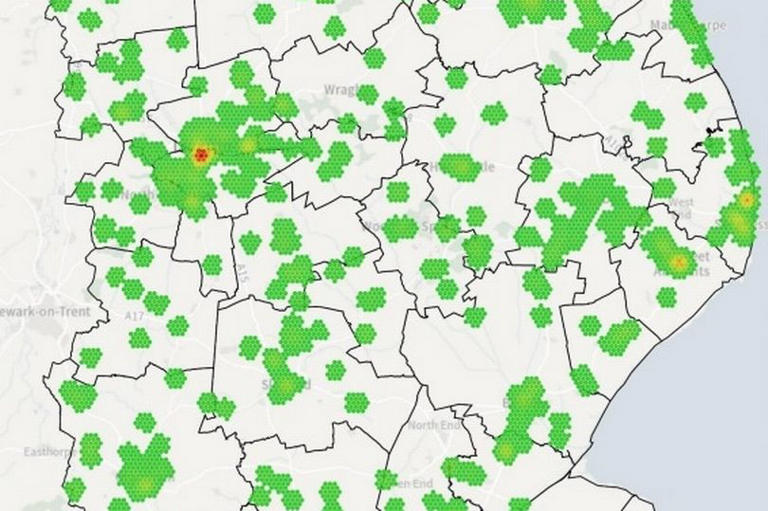 A map pinpointing all of the flooding related incidents incidents across Lincolnshire between 2019/20 and 2023/24