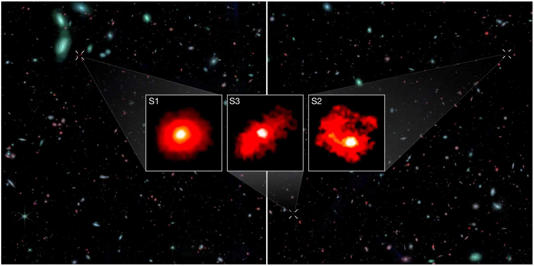 Foto van James Webb van de drie Rode Monstertjes. Afbeelding: NASA/CSA/ESA, M. Xiao & P. A. Oesch (University of Geneva), G. Brammer (Niels Bohr Institute), Dawn JWST Archive