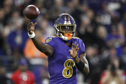 Baltimore Ravens quarterback Lamar Jackson passes the ball during the first half of an NFL football game against the Cincinnati Bengals, Thursday, Nov. 7, 2024, in Baltimore. (AP Photo/Nick Wass)