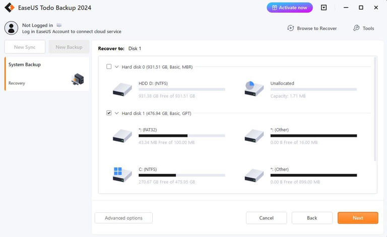 Selecting Restore location in the EaseUS Todo Tool.