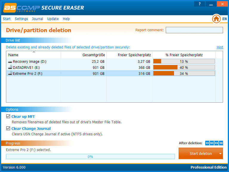 You can use the Secure Eraser tool from Ascomp to reformat data drives and overwrite them with random data.