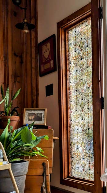 Decorative glass door with intricate patterns next to potted plants inside a cozy room with wooden walls