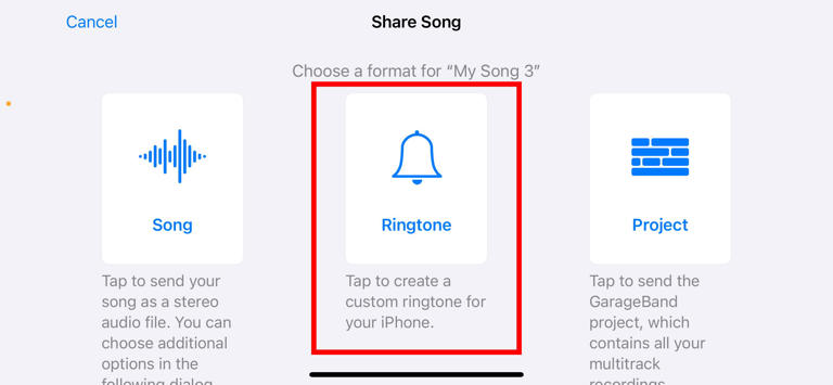 Selecting the Ringtone option from Garageband's share menu.
