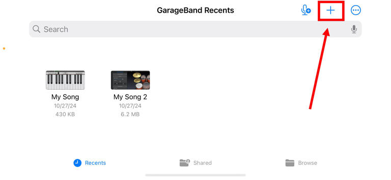 Opening a new project in Garageband on iOS.
