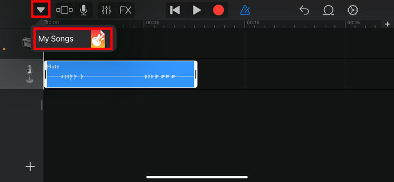 Navigating back to the Garageband home screen from an active project.