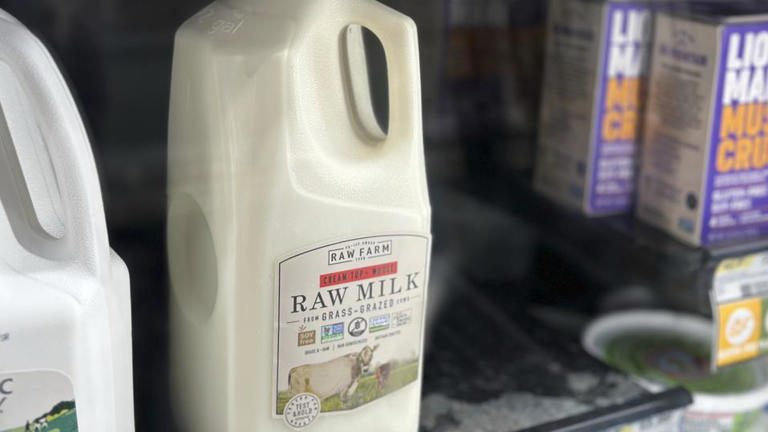 A bottle of raw milk from Raw Farm is displayed for sale at a store in Temecula, California. Associated Press