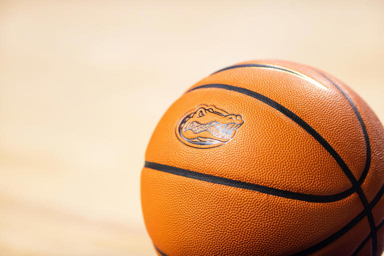 Jan 13, 2024; Gainesville, Florida, USA; A basketball with a Florida Gators logo sits on the floor during the second half between the Florida Gators and the Arkansas Razorbacks at Exactech Arena at the Stephen C. O'Connell Center. Mandatory Credit: Matt Pendleton-USA TODAY Sports