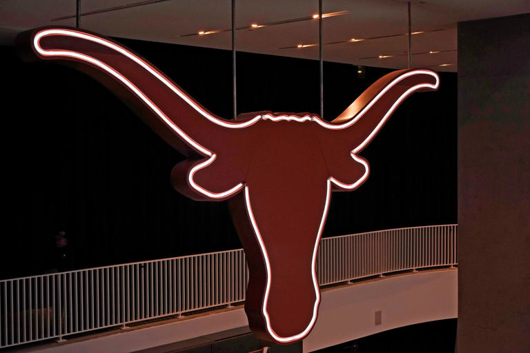 Dec 1, 2022; Austin, Texas, USA; The Texas Longhorns logo hangs over the concourse before the game against the Creighton Bluejays at Moody Center. Mandatory Credit: Scott Wachter-USA TODAY Sports