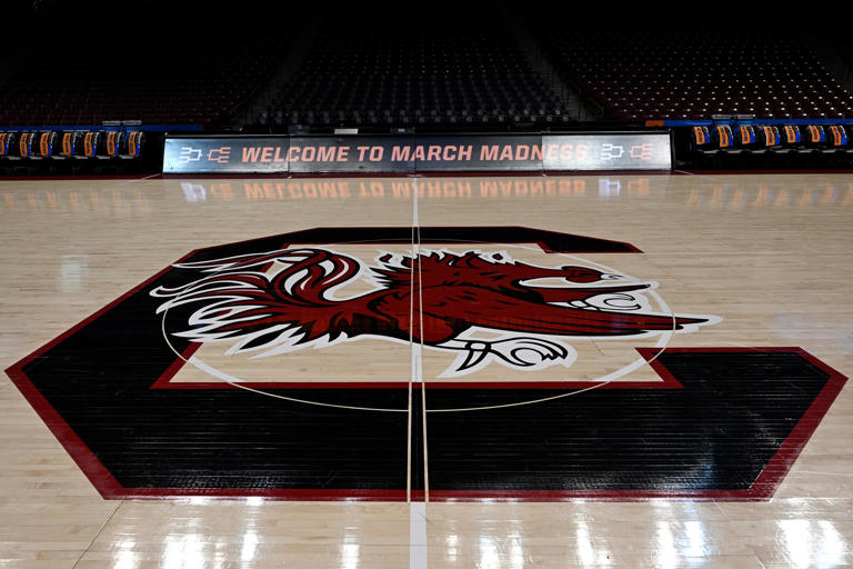 COLUMBIA, SOUTH CAROLINA - MARCH 24: The South Carolina Gamecocks logo is seen on the court before they play the North Carolina Tar Heels during the second round of the NCAA Women’s Basketball Tournament at Colonial Life Arena on March 24, 2024 in Columbia, South Carolina. (Photo by Eakin Howard/Getty Images)