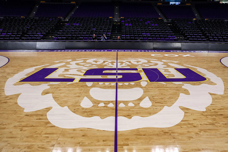 Feb 12, 2022; Baton Rouge, Louisiana, USA; Detailed view of the mid court tiger logo before the game between the LSU Tigers and the Mississippi State Bulldogs at the Pete Maravich Assembly Center. Mandatory Credit: Stephen Lew-USA TODAY Sports