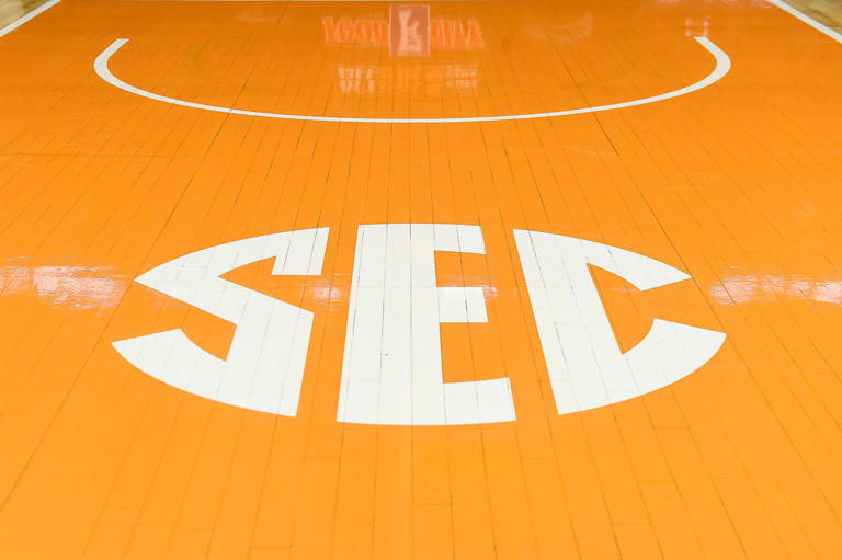 Jan 4, 2020; Knoxville, Tennessee, USA; SEC logo on the floor at Thompson-Boling Arena before a game between the Tennessee Volunteers and LSU Tigers. Mandatory Credit: Bryan Lynn-USA TODAY Sports