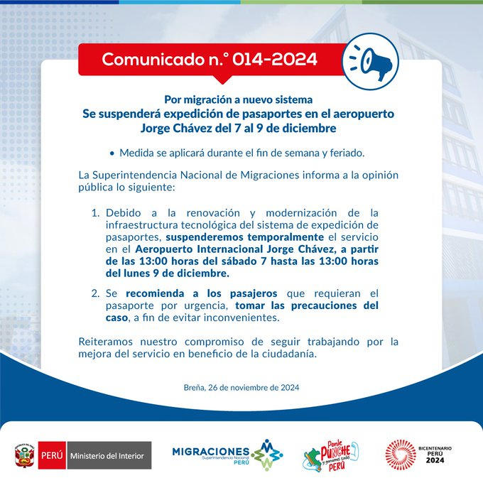 Migraciones suspende expedición de pasaportes en aeropuerto Jorge Chávez del 7 al 9 de diciembre