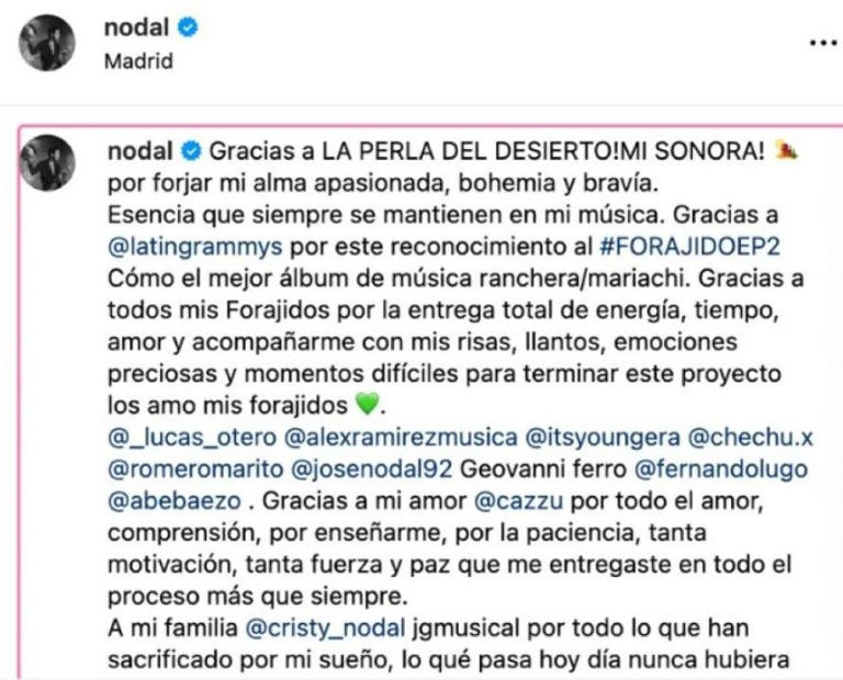 Christian Nodal causa revuelo con publicación donde menciona a Cazzu, 'gracias mi amor' Foto: Captura.