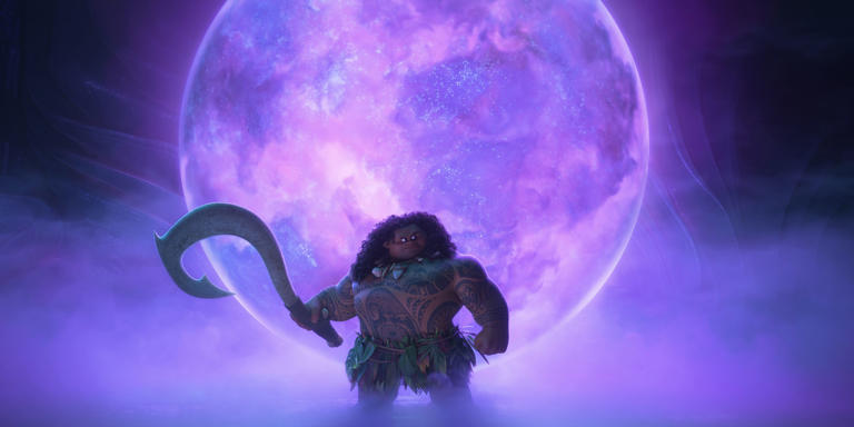 Maui with his hook in front of a purple bubble in Moana 2