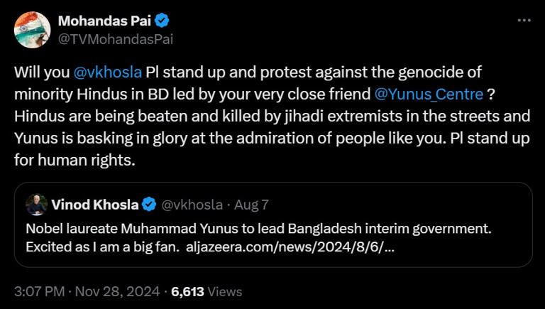 'Genocide of Hindus by your friend': Mohandas Pai blasts Indian-American businessman for backing Yunus