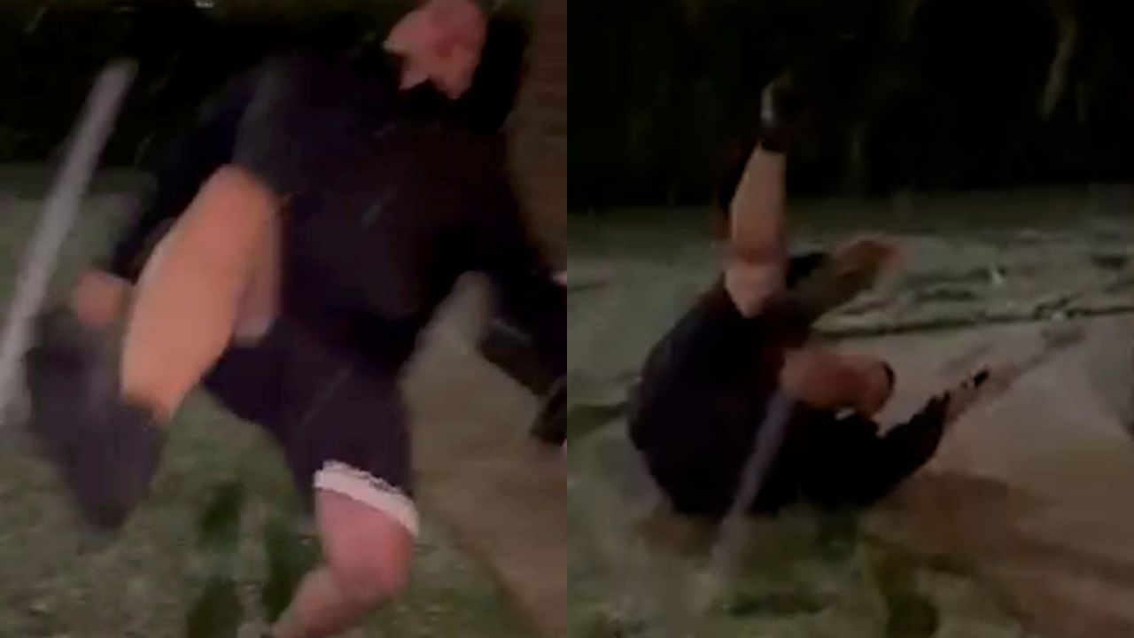 Vater versucht, Kind mit Schneeball zu treffen, kippt jedoch um und ...