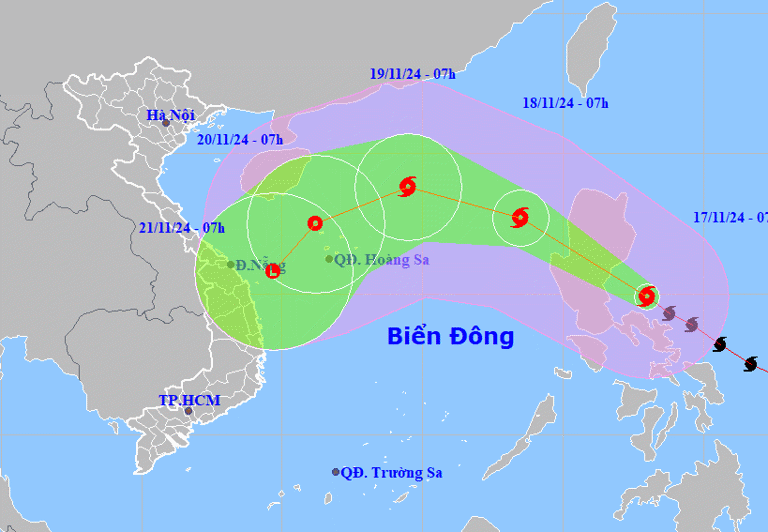 Dự báo hướng đi của bão Manyi ngày 17/11. Ảnh: NCHMF