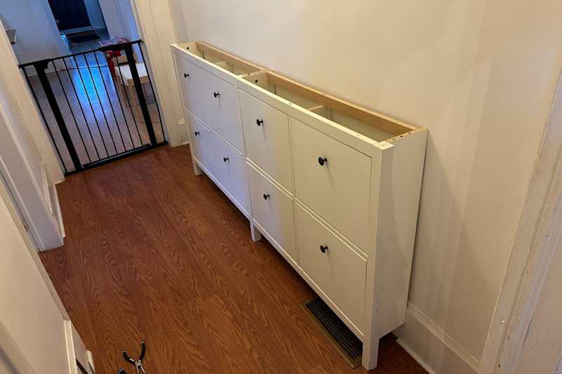 IKEA HEMNES Hack Transforms a Tiny Hallway into a Storage-Filled Space, before and after.