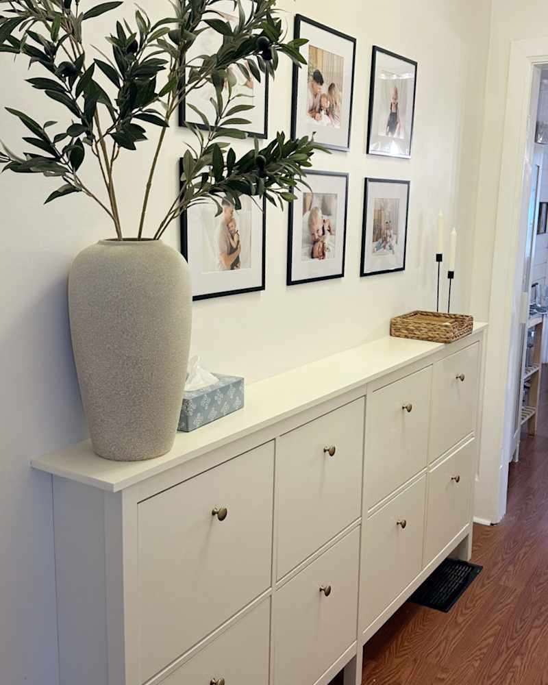 IKEA HEMNES Hack Transforms a Tiny Hallway into a Storage-Filled Space, before and after.