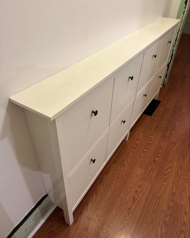 IKEA HEMNES Hack Transforms a Tiny Hallway into a Storage-Filled Space, before and after.