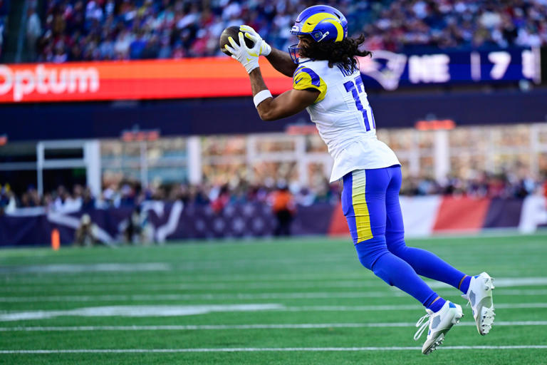 FOXBOROUGH, MASSACHUSETTS - NOVEMBER 17: Puka Nacua #17 of the Los Angeles Rams catches a pass during the second quarter against the New England Patriots at Gillette Stadium on November 17, 2024 in Foxborough, Massachusetts. (Photo by Billie Weiss/Getty Images)