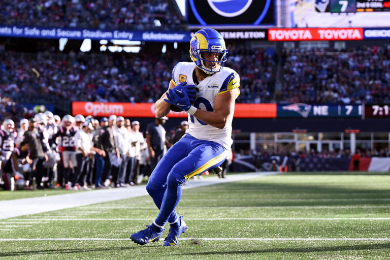 Nov 17, 2024; Foxborough, Massachusetts, USA; Los Angeles Rams wide receiver Cooper Kupp (10) scores a touchdown against the New England Patriots during the first half at Gillette Stadium. Mandatory Credit: Brian Fluharty-Imagn Images