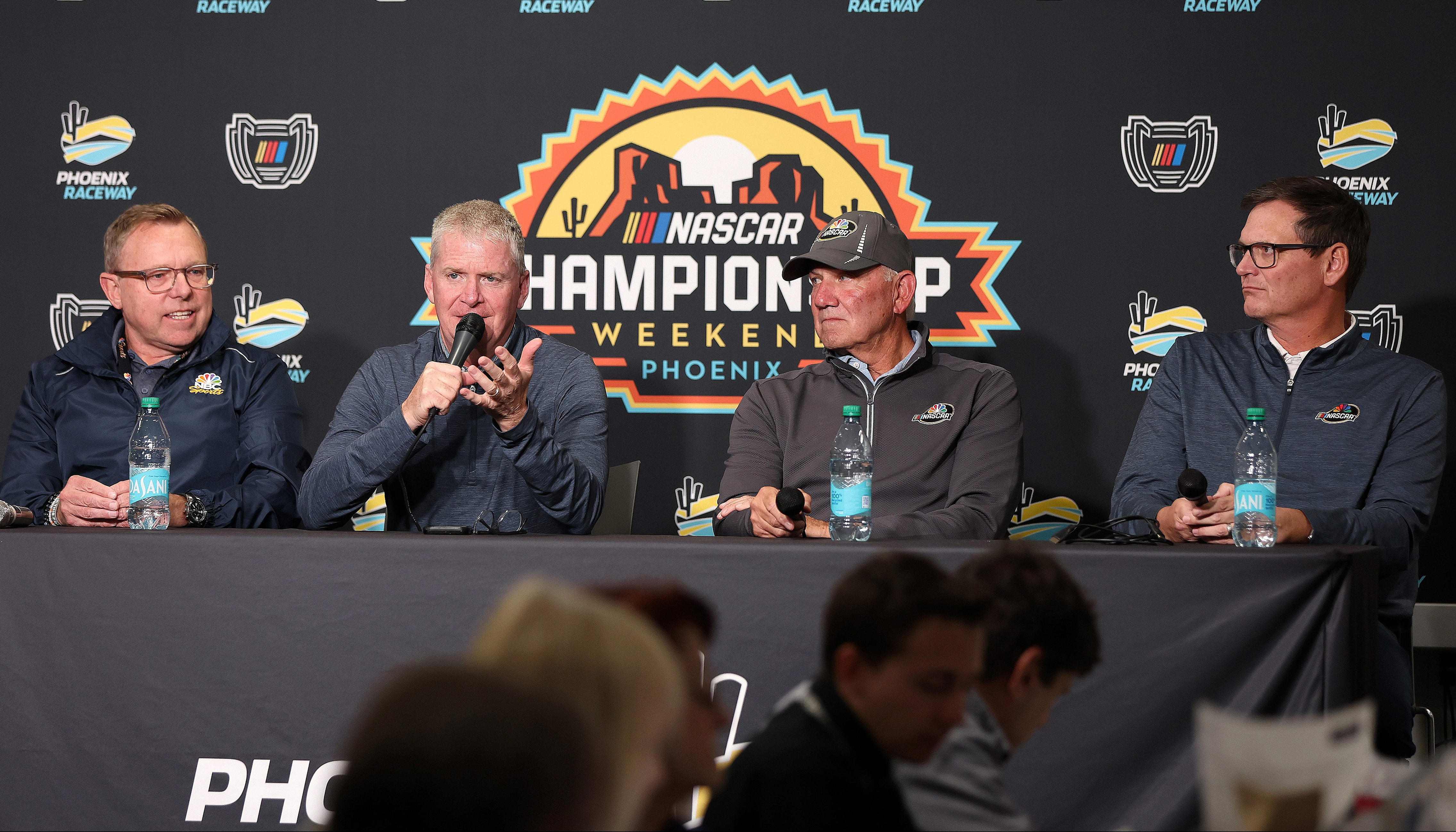 Leigh Diffey, left, with some of his NBC mates: Jeff Burton, Dale Jarrett and Steve Letarte.