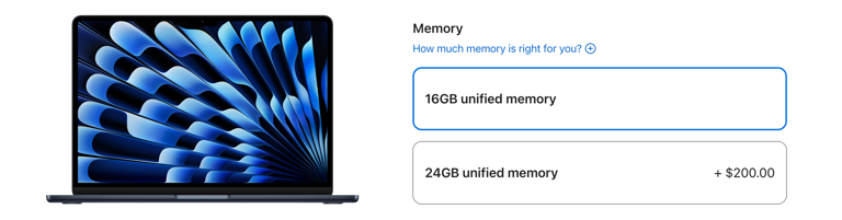 The RAM upgrades on the Apple Store costs $200 for 8GB.