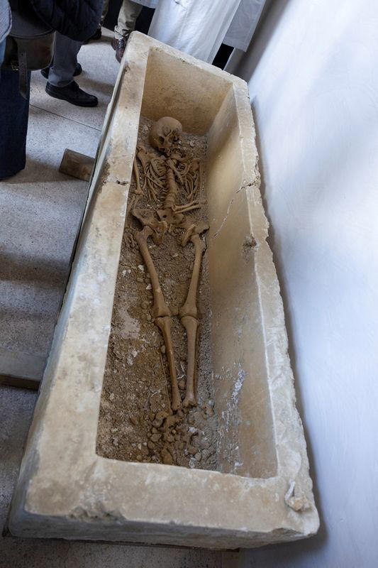 A skeleton is shown as Italy's Carabinieri presents recovered Etruscan archaeological artefacts, in Rome, Italy, November 19, 2024. REUTERS/Remo Casilli