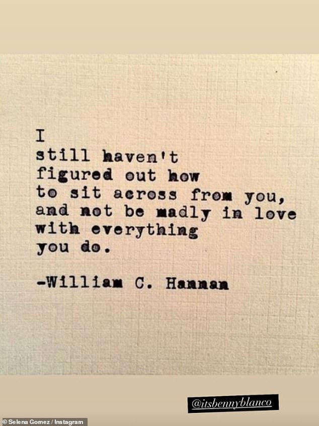 She also shared a quote from William C. Hannan that read: 'I still haven't figured out how to sit across from you, and not be madly in love with everything you do'