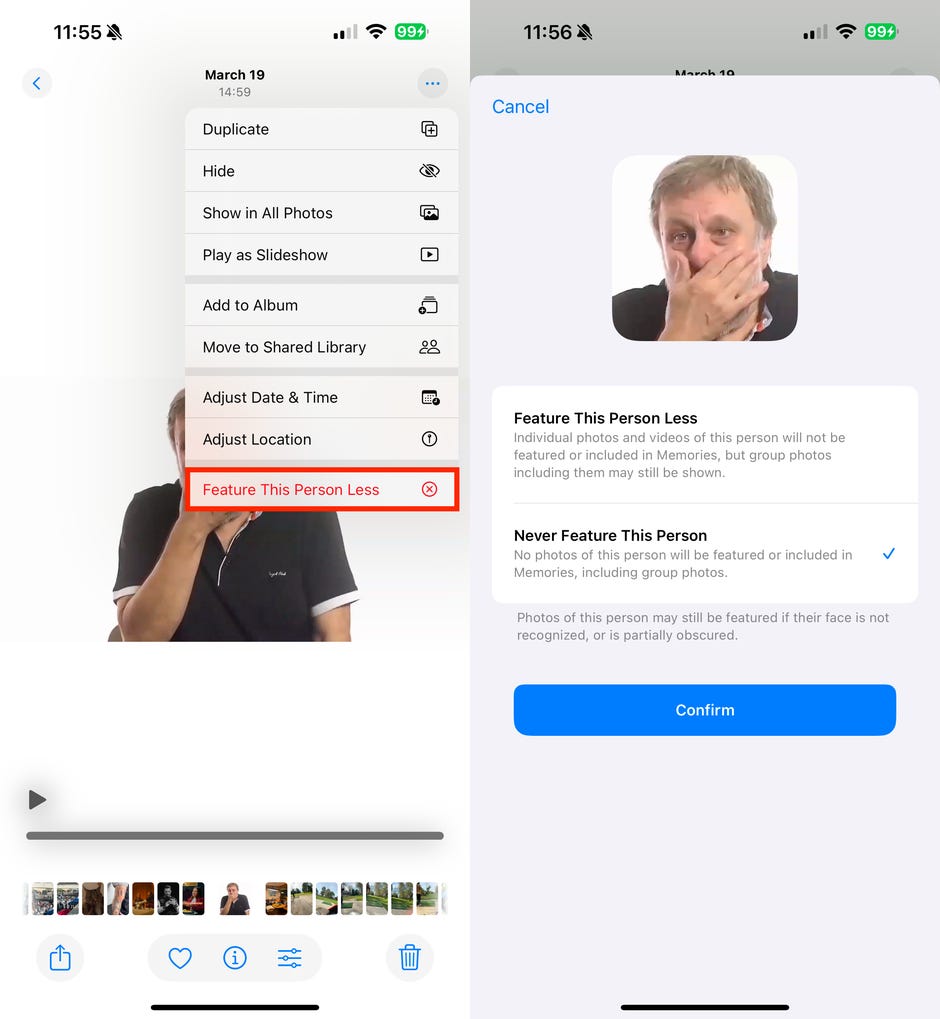 If you still want to see group photos featured across your device, choose the first option. If you really don't want to see that person, choose the second. Nelson Aguilar/CNET