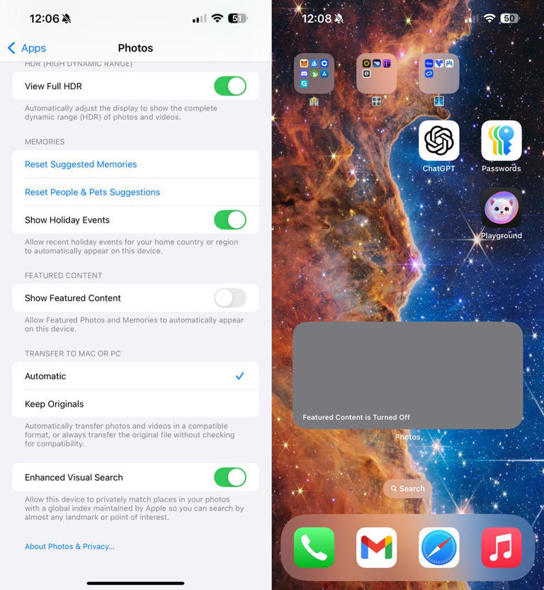 Instead of seeing memories and featured photos, you'll see a gray box that says "Featured Content is Turned Off." Nelson Aguilar/CNET