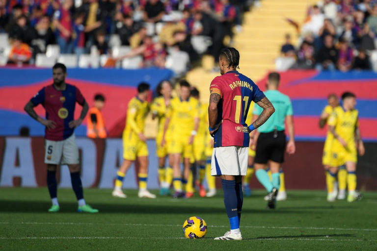 Barcelona's Brazilian forward Raphinha (R) reacts after Las Palmas scored their first goal