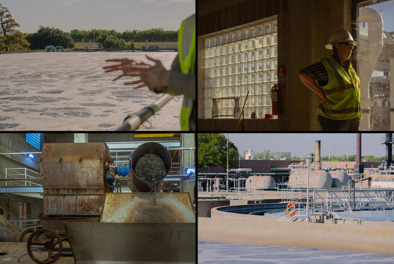 Top left: In one of the last steps in the wastewater treatment process, the wastewater is injected with chlorine to kill any remaining bacteria. Fort Worth Water sends the recycled water to the Dallas-Fort Worth airport for industrial use. Top right: Mary Gugliuzza, spokesperson for Fort Worth Water, said forever chemicals enter the wastewater treatment plant from homes, businesses and industrial customers. Bottom left: The first step of the wastewater treatment process involves sending raw sewage through screens to remove trash. Bottom right: Air is pumped into wastewater pools known as aeration basins, where oxygen promotes microbial growth that helps break down pollutants. Credit: Erika Nina Suarez for the Texas Tribune