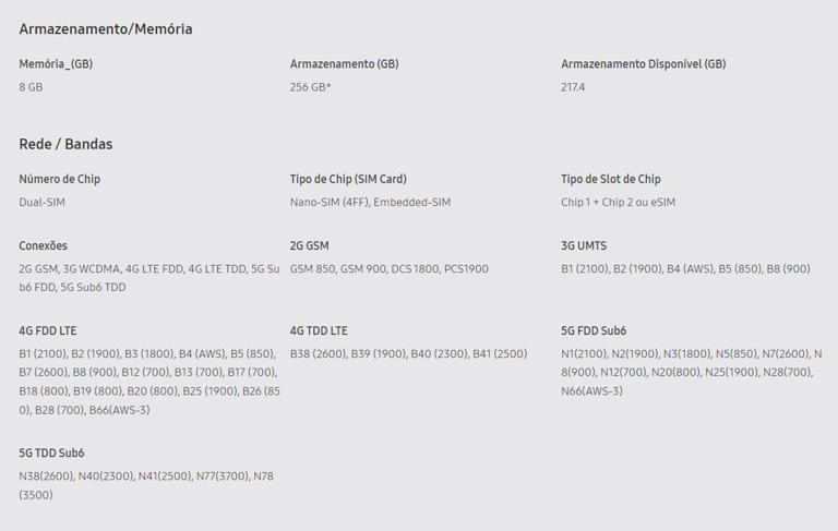 Ficha de conectividade do Galaxy S23 ao consultar pelo site oficial da Samsung (Captura de tela: Felipe Vidal/TecMundo)