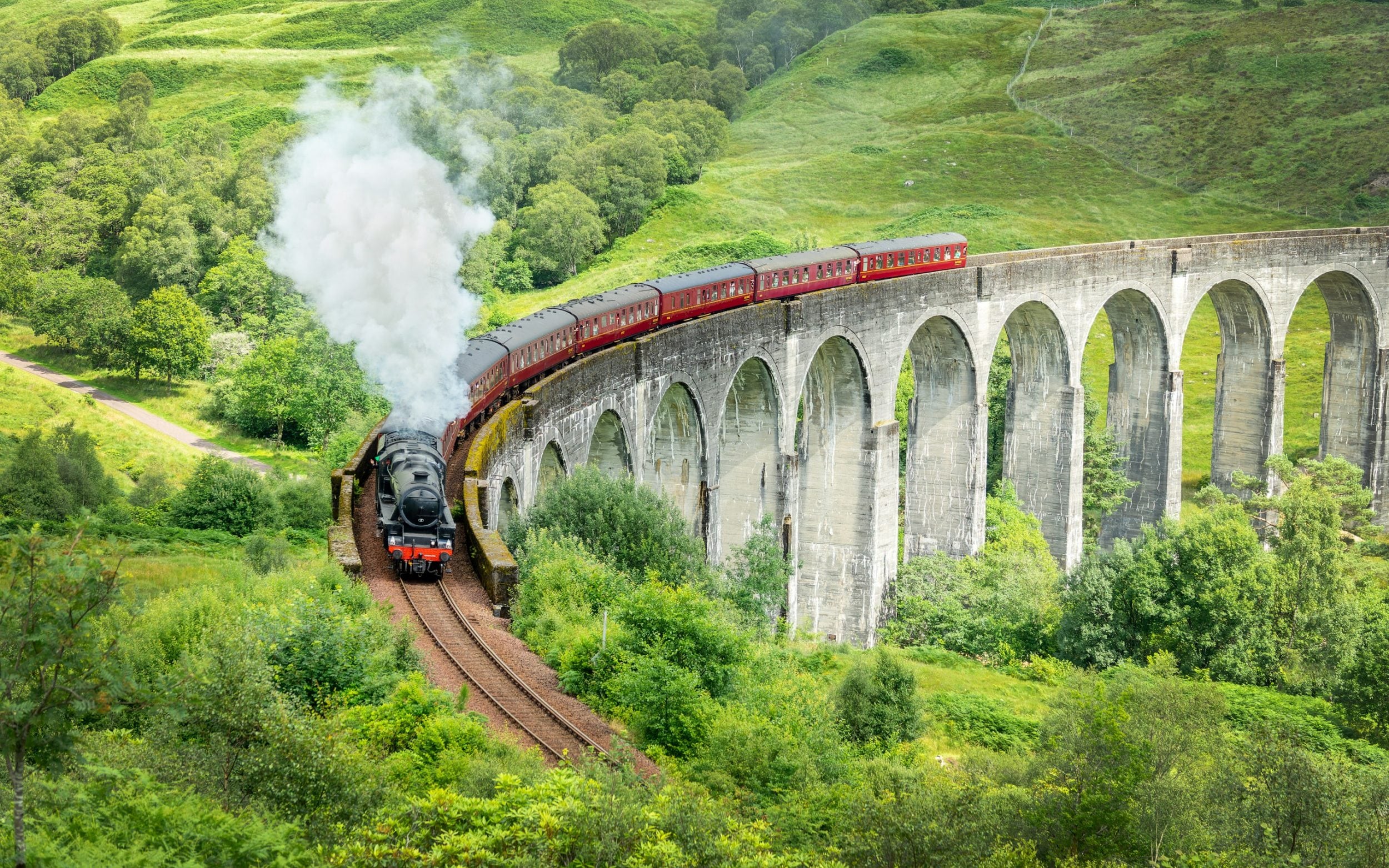 The Jacobite steam train on Glenfinnan viaduct in North West Highlands