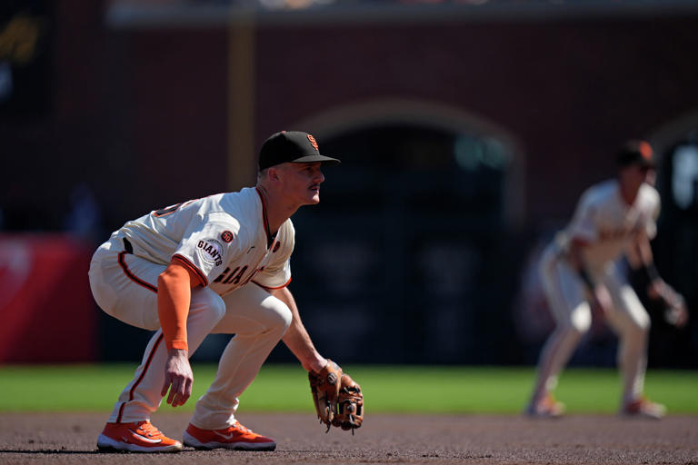 Matt Chapman of the San Francisco Giants stands in a defensive position at Oracle Park in San Francisco on Sept. 28, 2024.