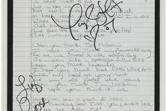 Lyric sheet signed by Taylor Swift and Liz Rose