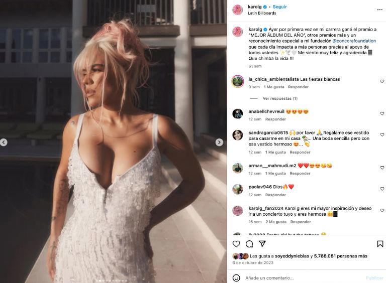 Karol G dedica la canción "Mi ex tenía razón" a su actual pareja, Feid. Foto: IG @karolg